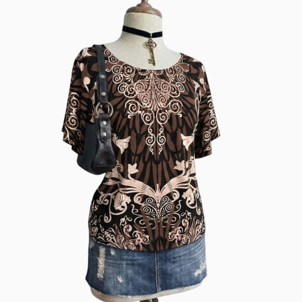 Vintage y2k Flutter Sleeve Top Black Brown SMALL Stretchy Tuscan Style Blouse